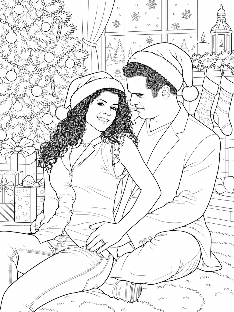 The same couple drawn as a coloring page by a Christmas tree