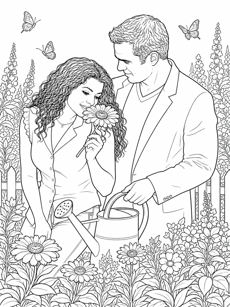 The same couple drawn as a coloring page in a flower garden