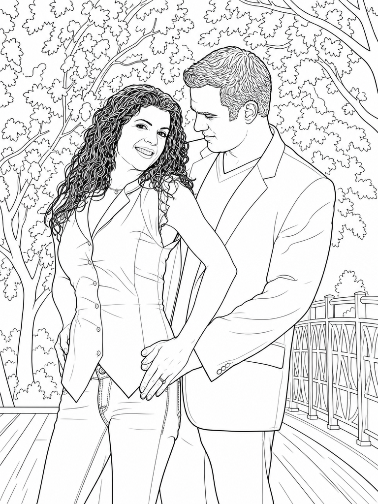 The same couple as a line art page, with the trees, bridge railing and boardwalk drawn in