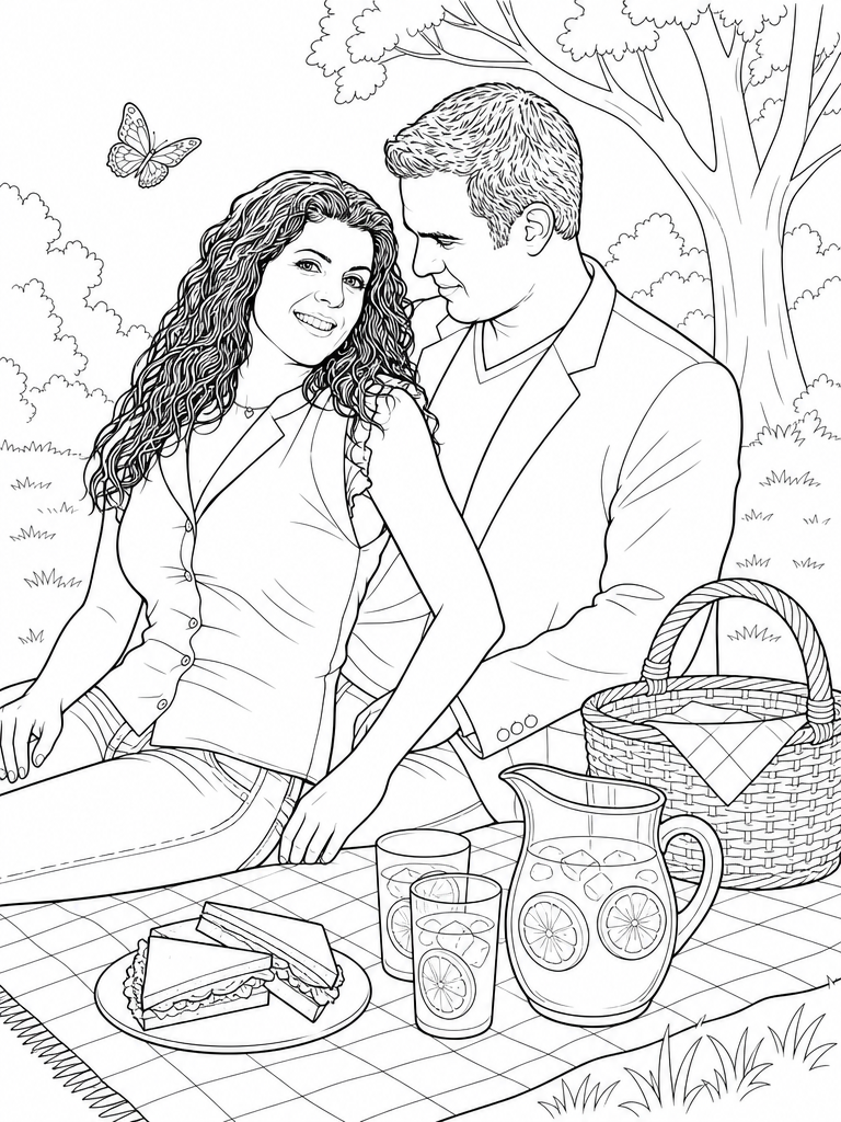 The same couple drawn as a coloring page at a picnic under a tree