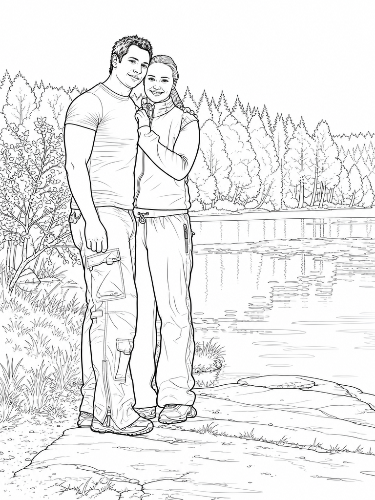 The same couple as a line art page with the lake, treeline and rock drawn in
