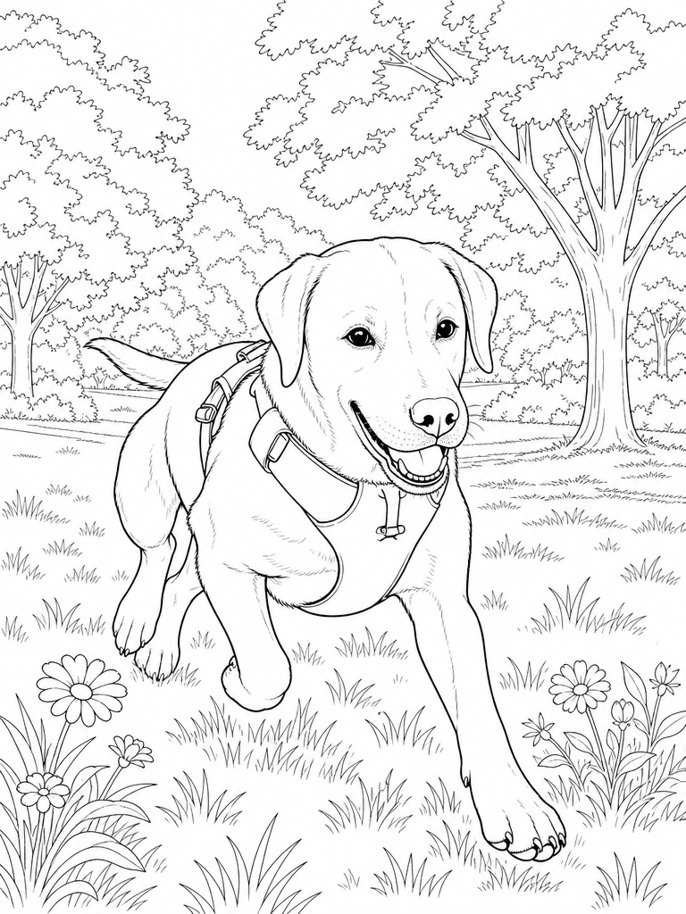 Dollar running through a park with trees and flowers
