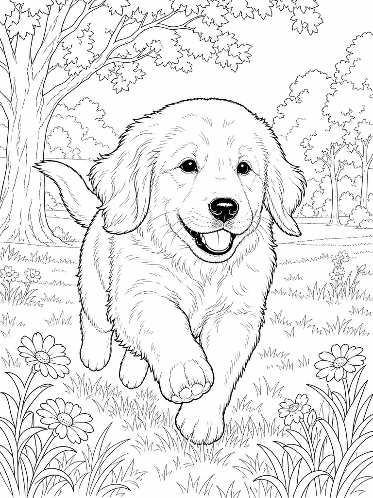 The puppy as a realistic coloring page in the park