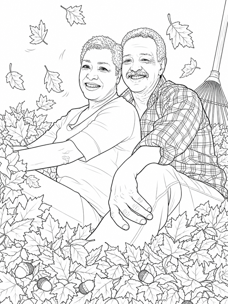 The couple sitting in a pile of autumn leaves with a rake behind them
