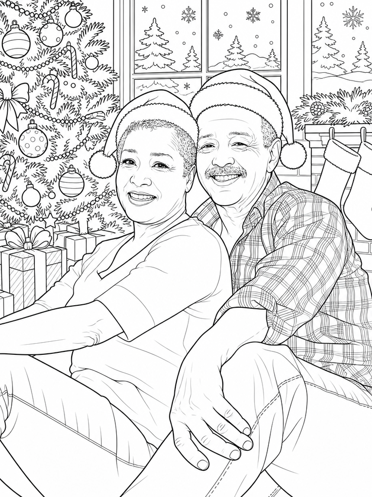 The same couple redrawn as a line art page by a Christmas tree