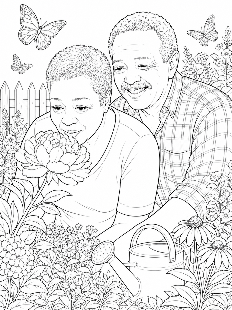 The same couple redrawn as a line art page in a flower garden