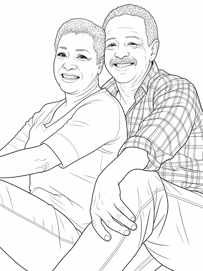 The same couple as clean line art, keeping the photo’s own pose
