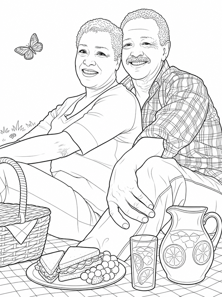 The couple at a picnic with a basket, sandwiches and a pitcher of lemonade