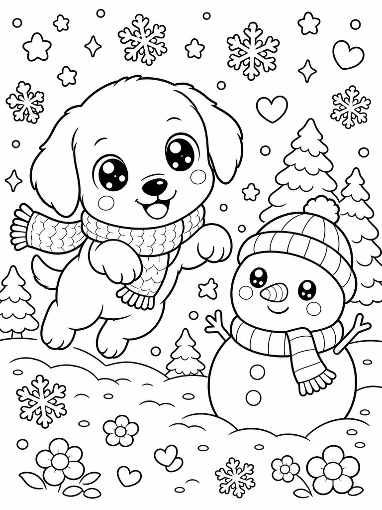 Cartoon Tangtang in the snow with a scarf and a snowman