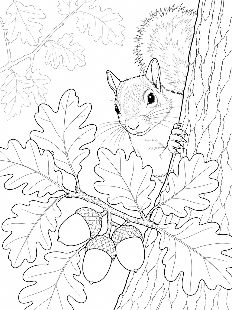 Acorns And Oak Leaves coloring page — Acorns and oak leaves with a squirrel