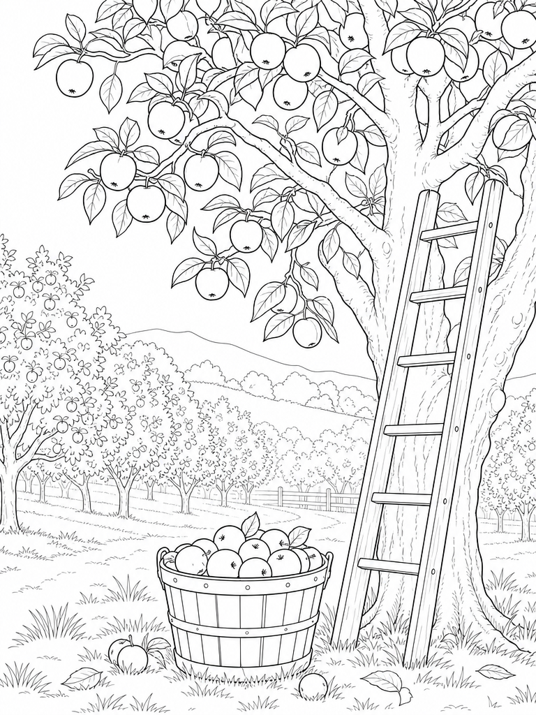 Apple Orchard coloring page — Apple orchard with a ladder and a bushel basket