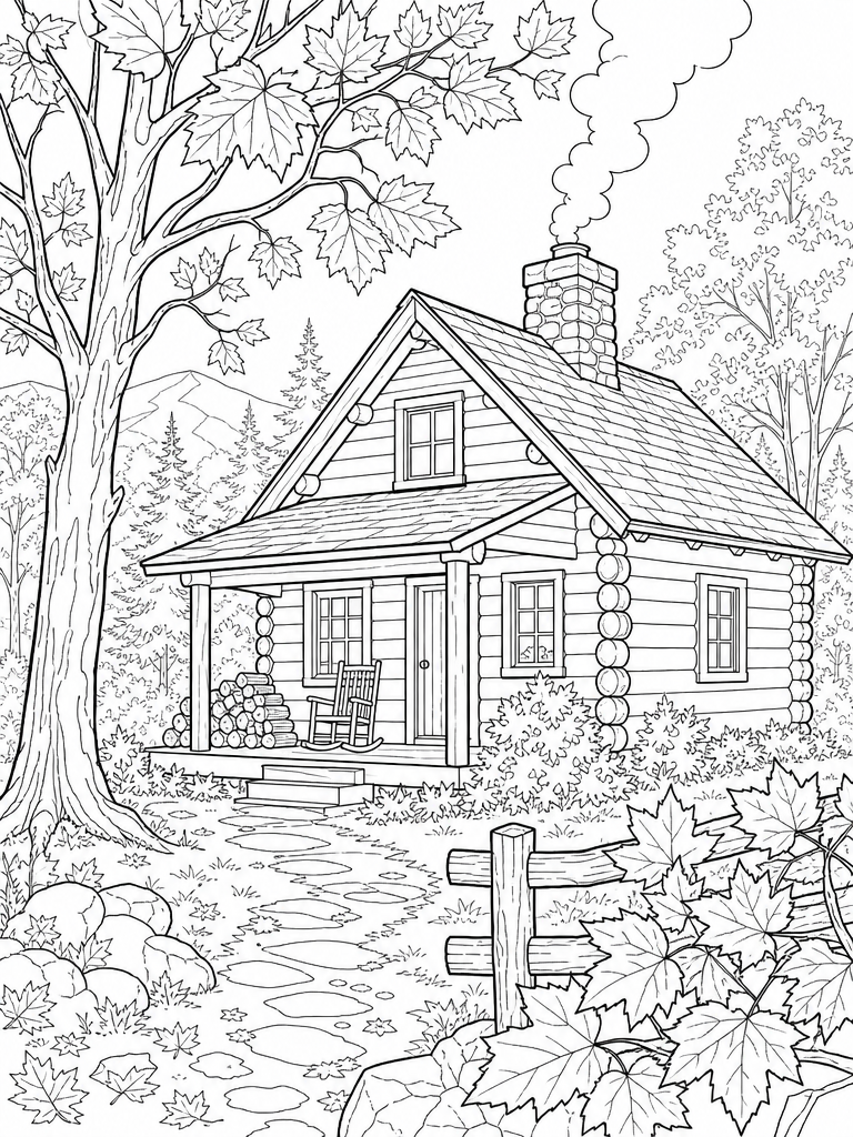 Cozy Cabin coloring page — Cozy log cabin among autumn trees