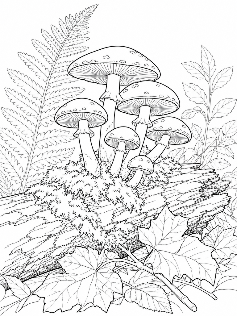 Forest Mushrooms coloring page — Forest mushrooms on a mossy log