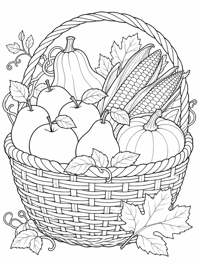 Harvest Basket coloring page — Harvest basket of apples, pears, corn and squash