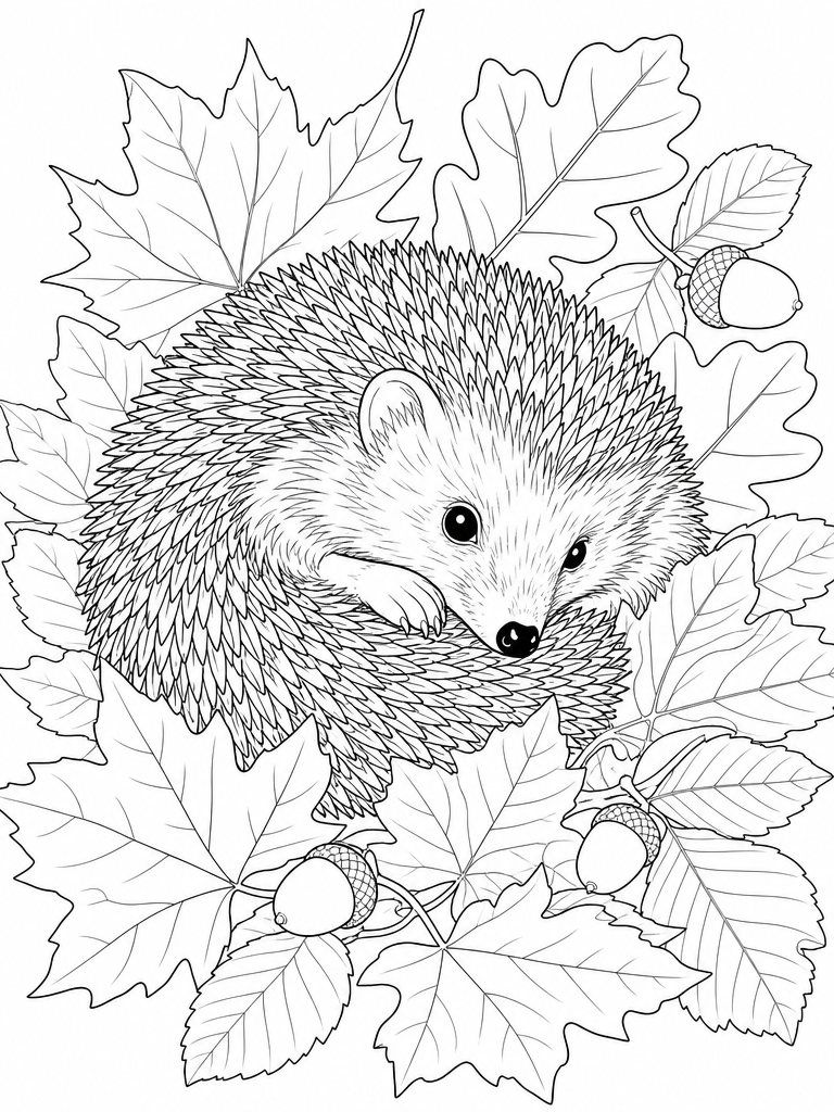 Hedgehog In Leaves coloring page — Hedgehog curled in autumn leaves and acorns
