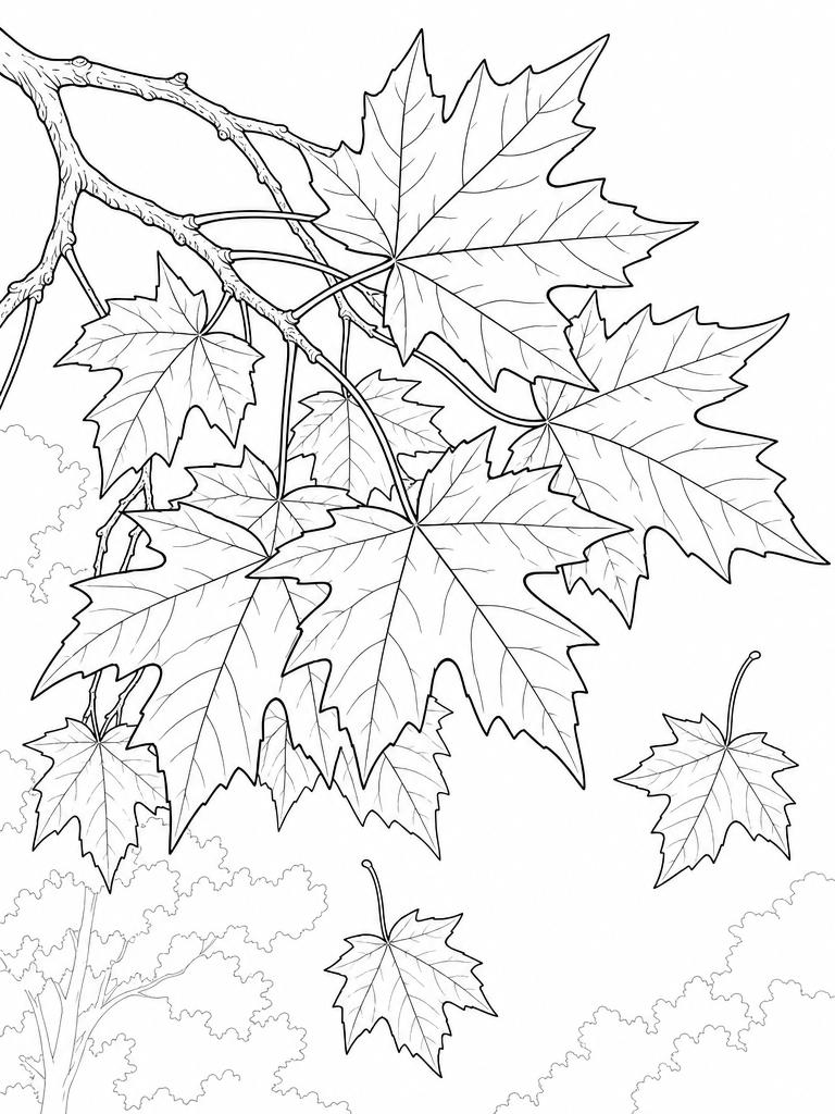 Maple Leaves coloring page — Fall maple leaves on a branch, a few falling