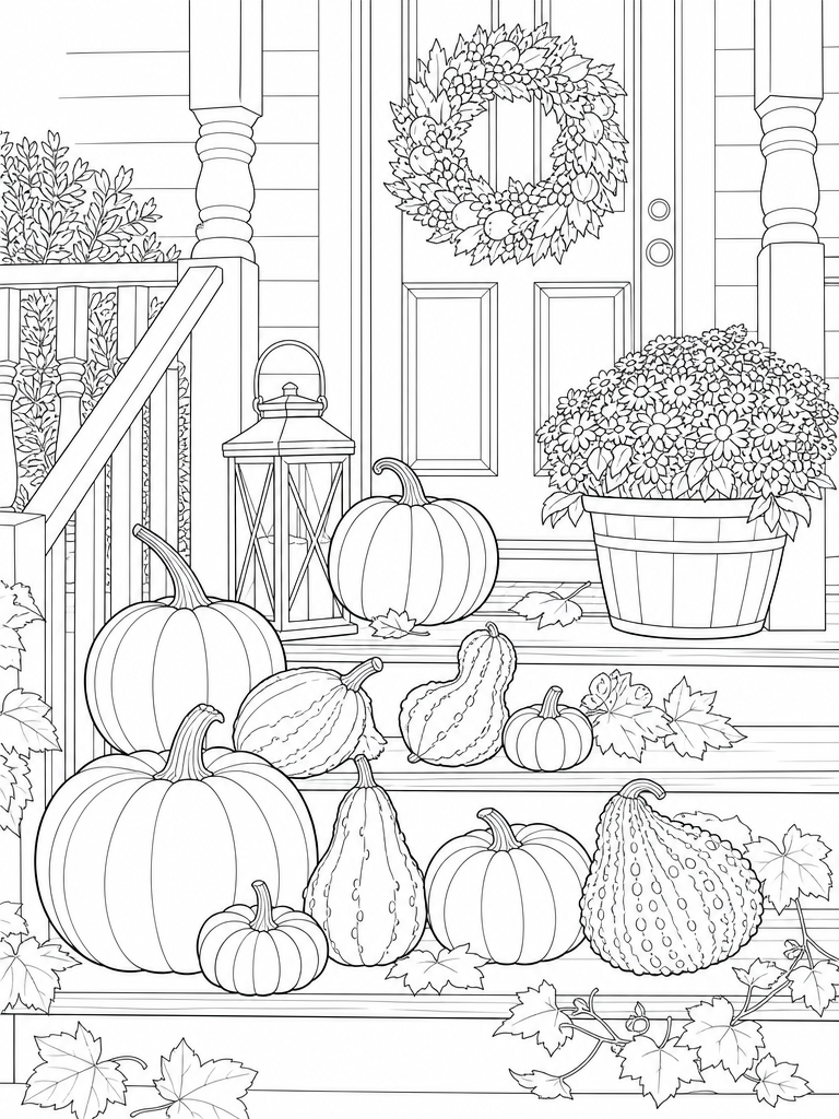 Pumpkins On Porch coloring page — Pumpkins and gourds on the porch steps