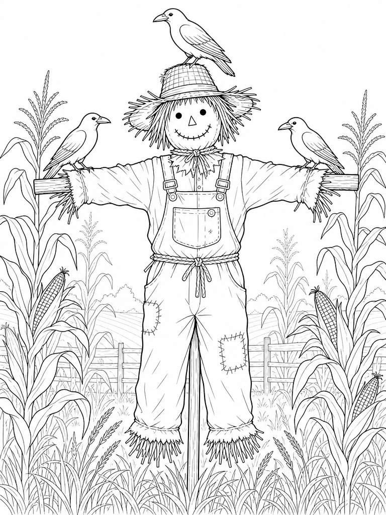 Scarecrow coloring page — Scarecrow with crows in the corn field