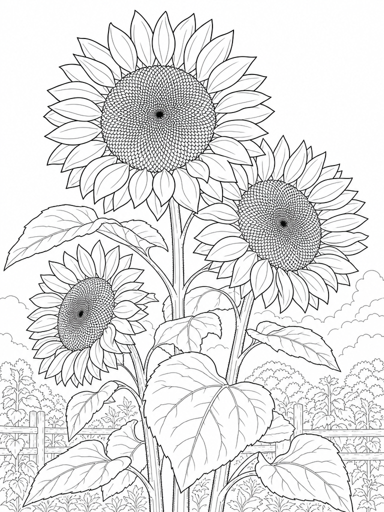 Sunflowers coloring page — Tall sunflowers in full bloom