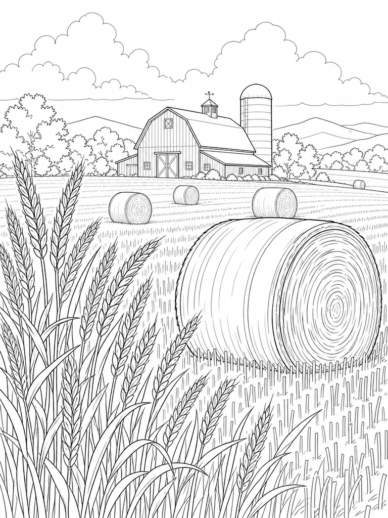Wheat Field coloring page — Wheat field with hay bales and a barn