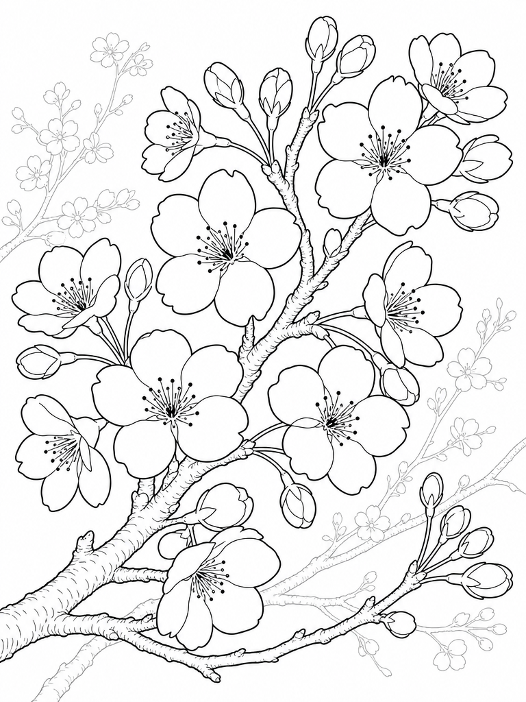 Cherry Blossom coloring page — Cherry blossom branch