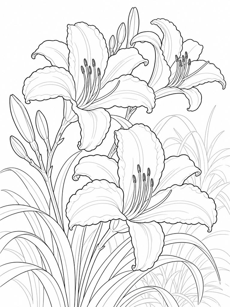 Daylilies coloring page — Daylilies with long leaves