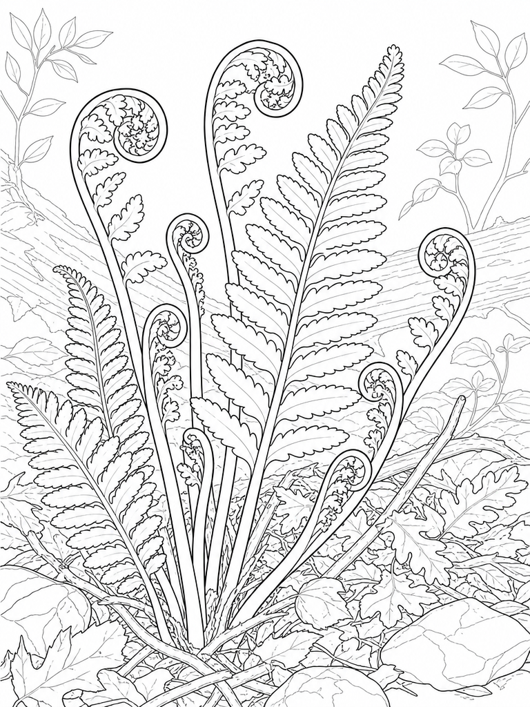 Ferns coloring page — Fern fronds unfurling
