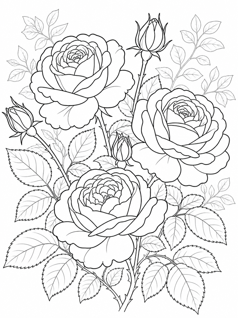 Garden Roses coloring page — Garden roses with layered petals and leaves