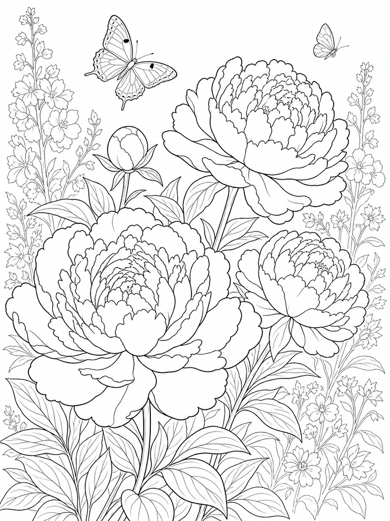 Peonies coloring page — Full peony blooms