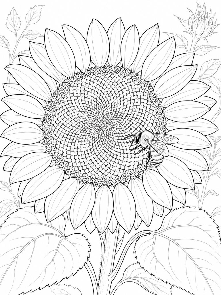 Sunflower coloring page — Sunflower head with broad leaves