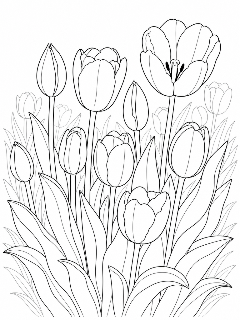 Tulips coloring page — A cluster of tulips in bloom
