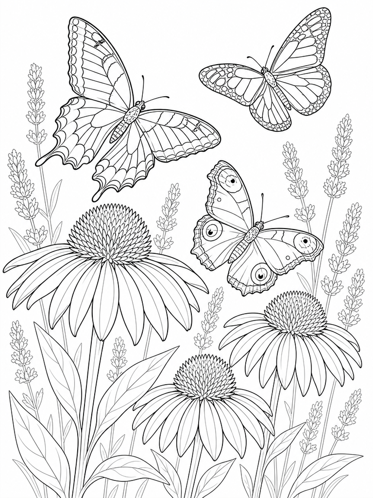 Butterfly Garden coloring page — Three butterflies among coneflowers and lavender