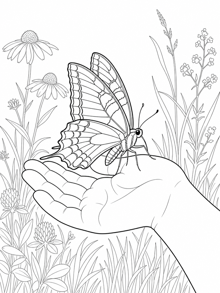 Butterfly On Hand coloring page — Swallowtail landing on an open hand