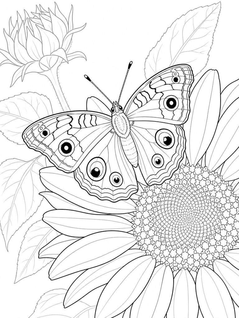 Common Buckeye coloring page — Common buckeye on a sunflower