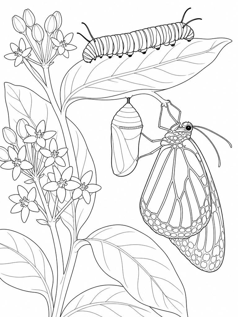 Life Cycle coloring page — Monarch life cycle: caterpillar, chrysalis and adult