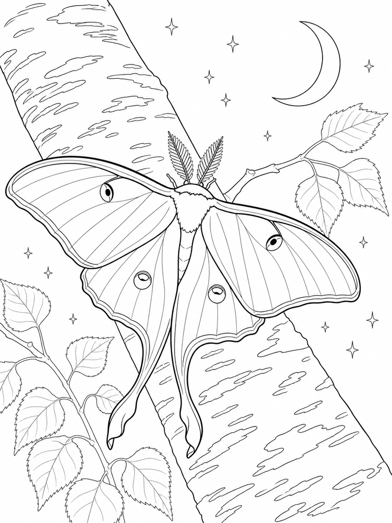 Luna Moth coloring page — Luna moth on a birch branch under a crescent moon