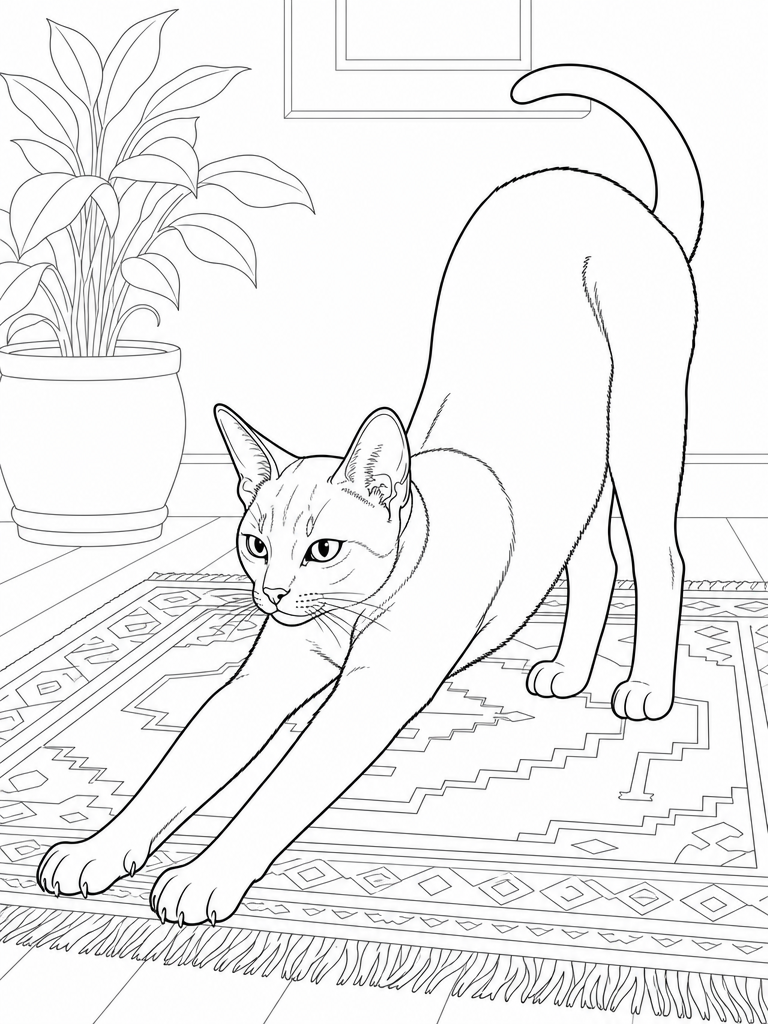 Abyssinian coloring page — Abyssinian stretching on a rug