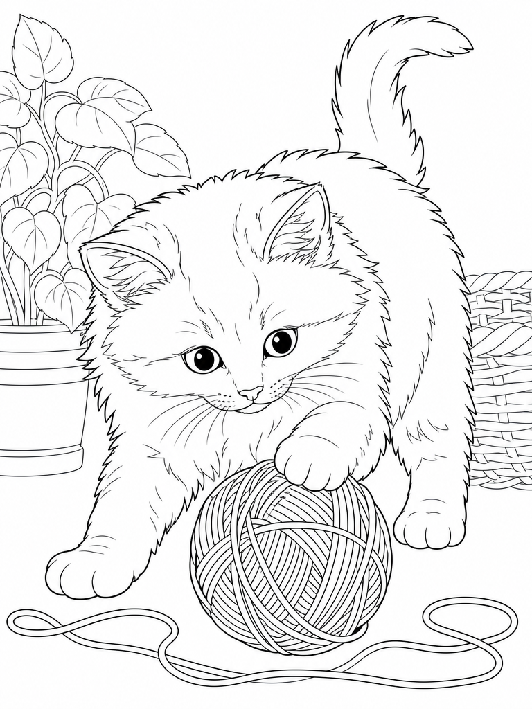 Kitten With Yarn coloring page — Kitten playing with a ball of yarn