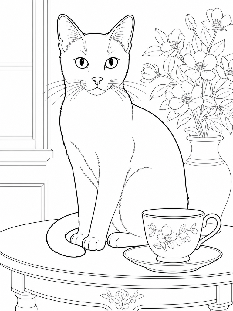 Russian Blue coloring page — Russian Blue beside a teacup