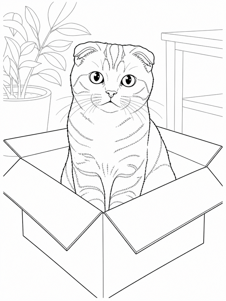 Scottish Fold coloring page — Scottish Fold sitting in a cardboard box