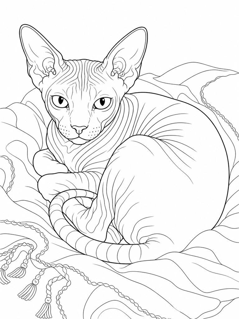 Sphynx coloring page — Sphynx curled up in a blanket
