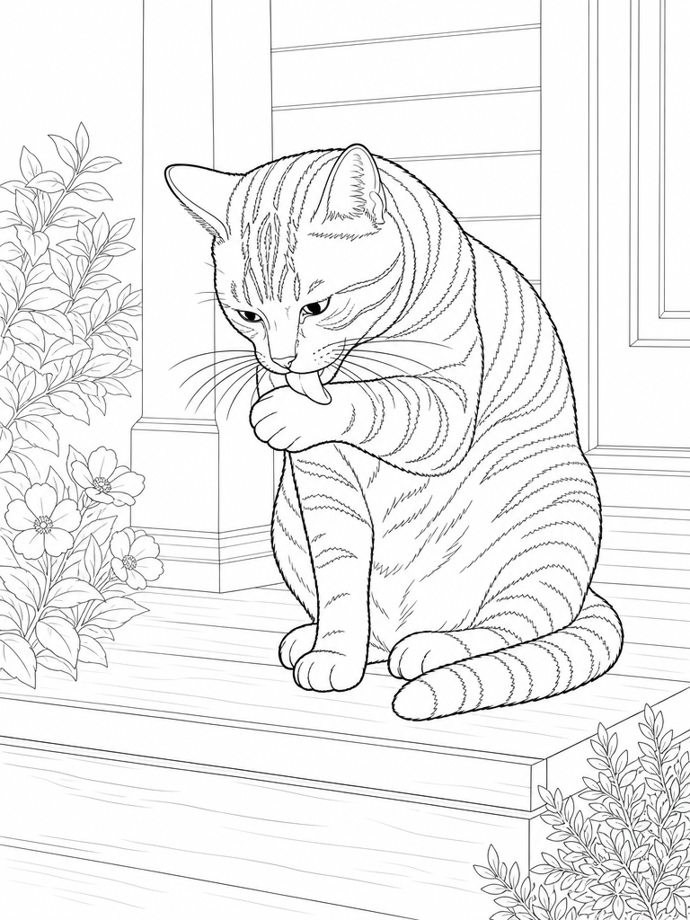 Tabby Cat coloring page — Tabby washing a paw on the porch step