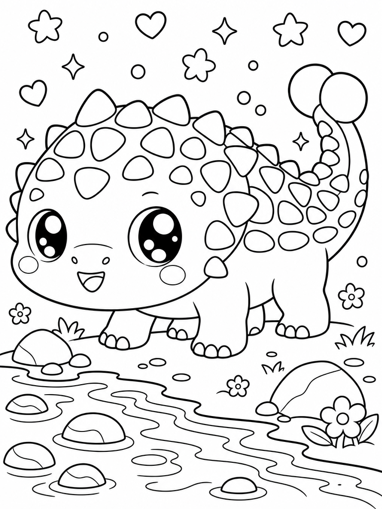 Ankylosaurus coloring page — Ankylosaurus by a river with rocks