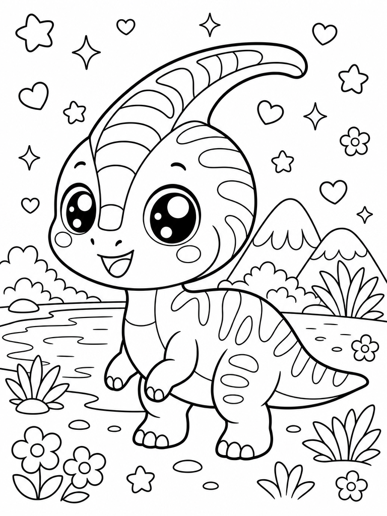 Parasaurolophus coloring page — Parasaurolophus standing by a lake