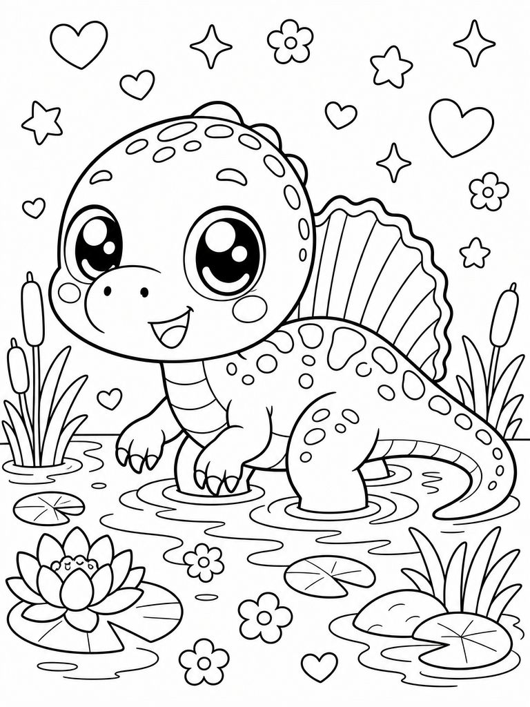 Spinosaurus coloring page — Spinosaurus wading in a swamp