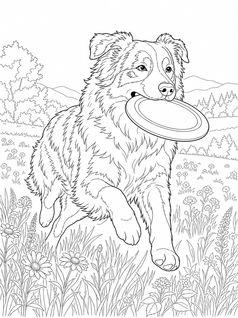 Australian Shepherd coloring page — Australian shepherd chasing a frisbee