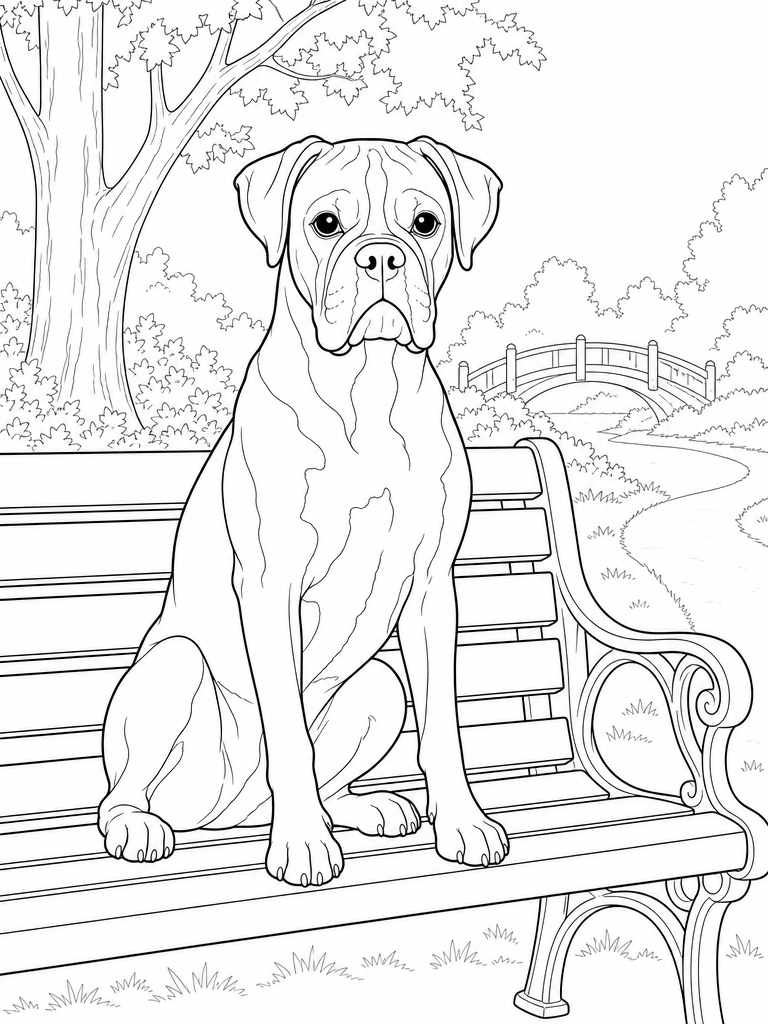 Boxer coloring page — Boxer sitting by a park bench