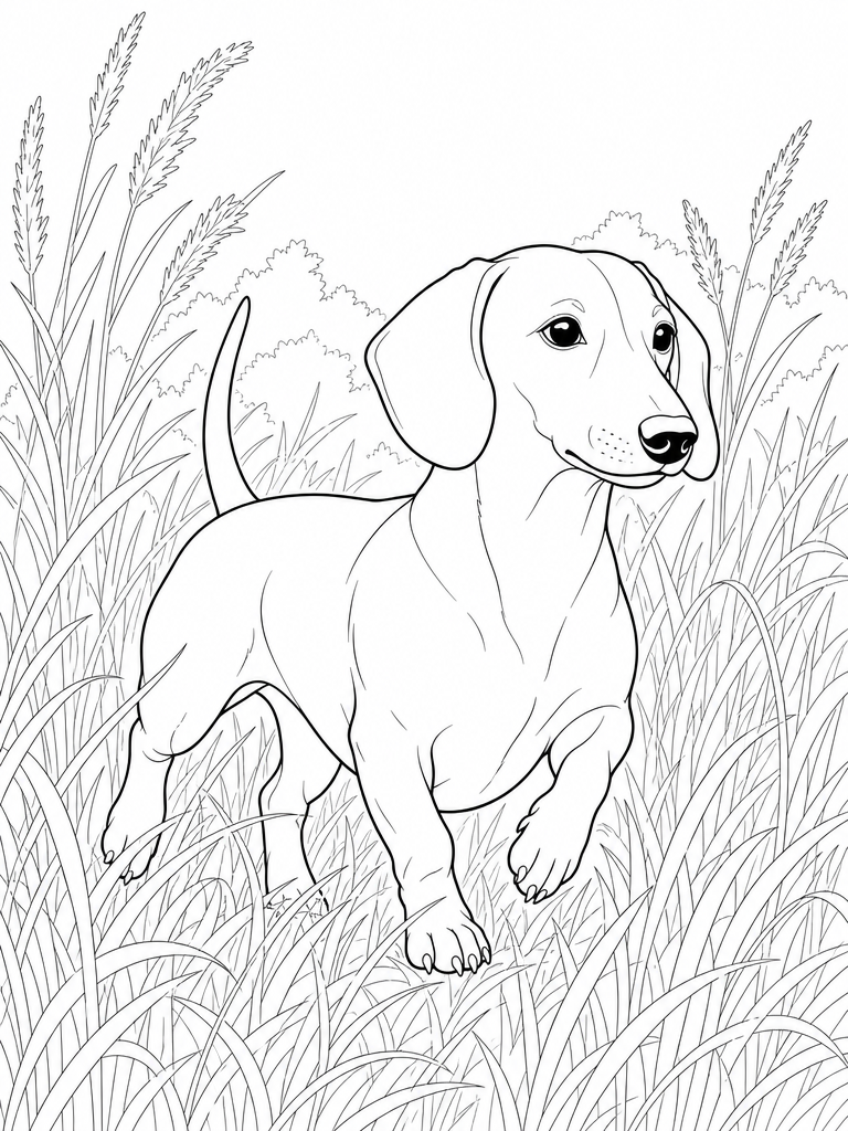 Dachshund coloring page — Dachshund trotting through tall grass