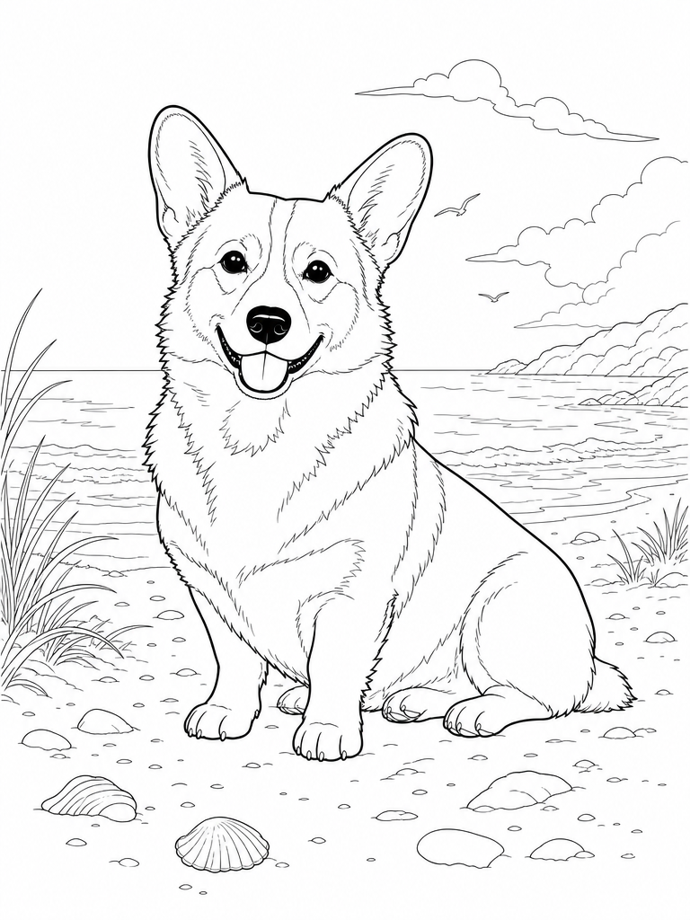 Pembroke Welsh Corgi coloring page — Corgi on the beach, ears up