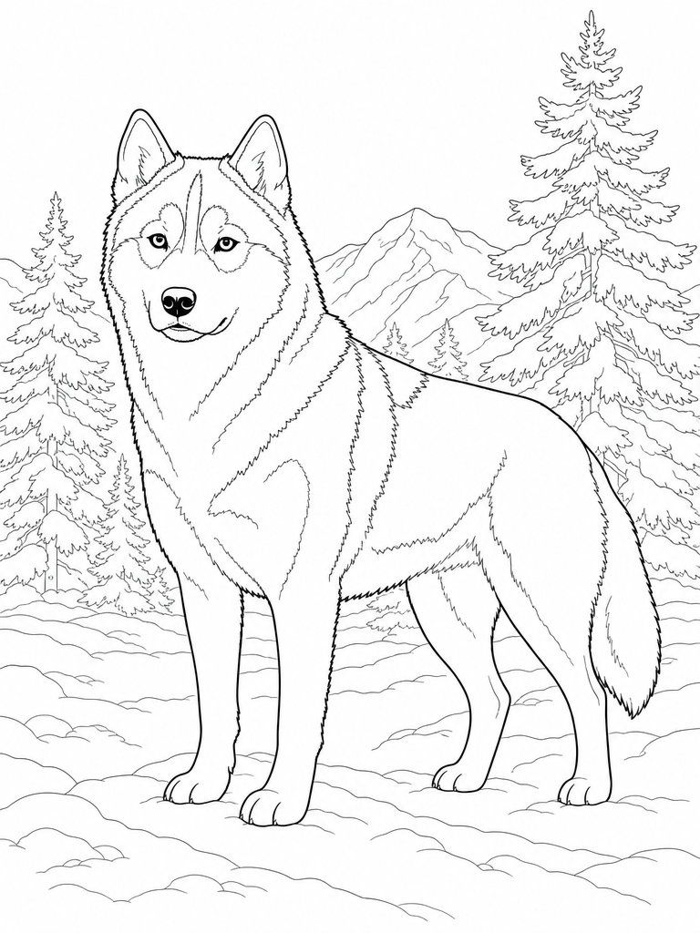 Siberian Husky coloring page — Siberian husky in snow with pine trees